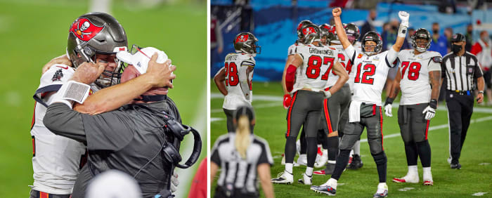 Tom Brady embraces Bruce Arians after the Bucs' Super Bowl LV win; Brady celebrates on the field toward the end of the Super Bowl.